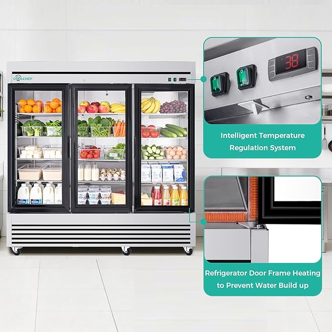 COOLCHEF 81" Commercial Glass Door Refrigerator, 72 Cu.Ft Triple-Door Reach-In Cooler, 33–40℉, Triple-Layer Low-E Glass, 12 Shelves, R290