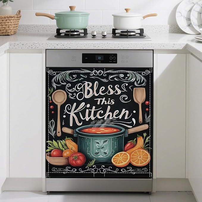 Magnetic Dishwasher Cover,Bless This Kithcen Reusable Dishwasher Magnetic Cover Decorative Door Covers Panel for Home Kitcen 23" x 26"