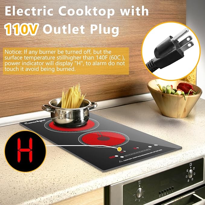 2 Burner Electric Ceramic Cooktop, 110-120V Plug In Countertop Stove, Touch Control with 99-Min Timer, Child Lock & Auto Shutoff, 12 Inch Radiant Cooktop for Indoor Cooking