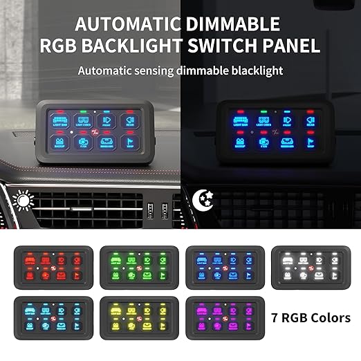 DaierTek 8 Gang Switch Panel RGB LED Lighted Multi-Function Switch Pod Toggle Momentary Pulsed Touch Control Switch Panel Dimmable for Car ATV UTV Boat Marine