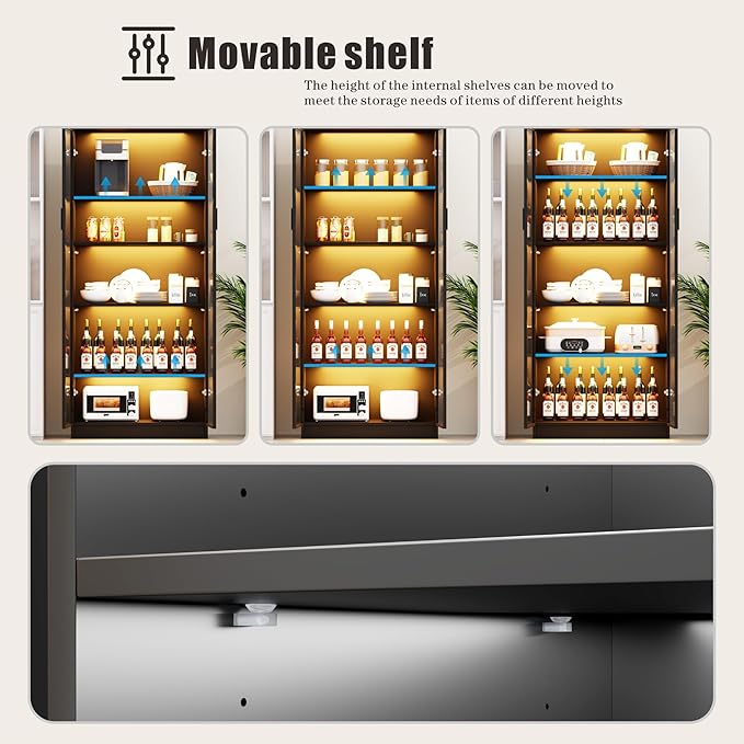 Display Cabinet with Doors and Adjustable Shelves, 65" Tall Bookcase with LED Lights/Human Sensor, 5 Tier Display Case for Collectibles Bedroom Living Room Office, Black