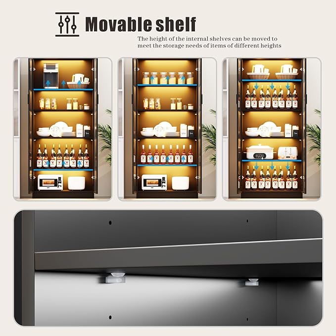 Display Cabinet with Adjustable Shelves, 65" Tall Bookcase with LED Lights/Human Sensor, 5 Tier Display Case for Collectibles Bedroom Living Room Office, Black - Transparent Acrylic Doors