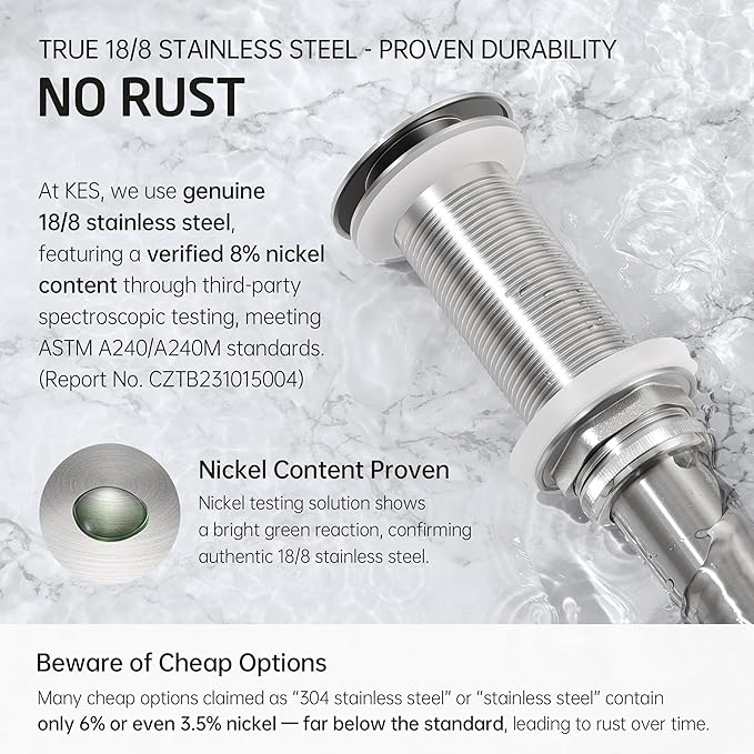 KES Extended Thread Bathroom Sink Drain, All Metal Pop Up Drain Stopper without Overflow for Thicker Vessel Sinks and Countertops, Brass and Stainless Steel Brushed Nickel, S2022D-BN