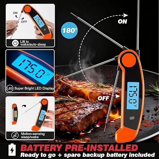 Meat Thermometer Digital Waterproof Instant Read Thermometer for Cooking Food Thermometer with Backlight & ±0.5℃ Precision Cooking Thermometer for Kitchen ℃/℉ Convertible Orange