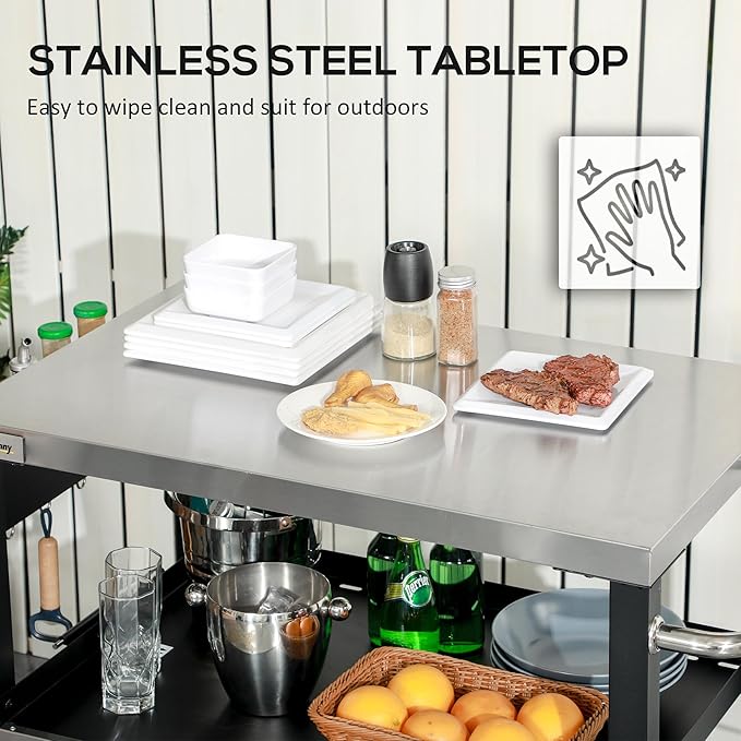 CHARMMA Three-Shelf Outdoor Grill Cart with Stainless Steel Tabletop, Side Handle, 32" x 20.5" Multifunctional Pizza Oven Stand, Movable Food Prep Table on Wheels, 39.25x25.50x33in