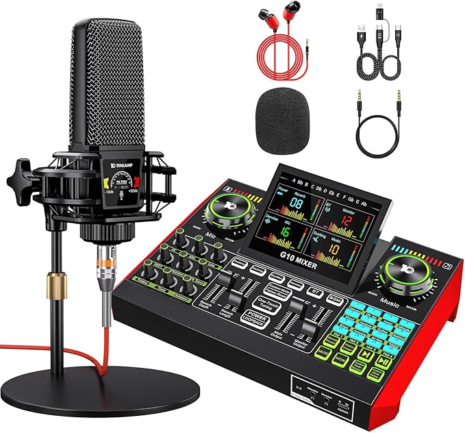 Live Sound Card Audio Mixer, Podcast Equipment Bundle with 3.5mm Condenser Microphone for Pc/Phone Live Streaming Singing Gaming, Sound Board with Voice Changer, Denoise