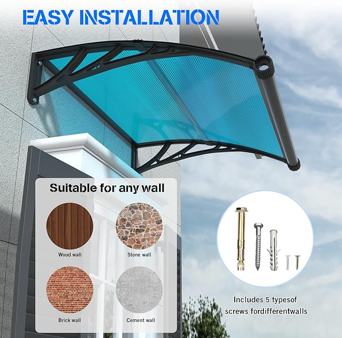 Awning for Door Entrance with Drainage Sink,40x48 Inch Awnings for Doors,Window Canopy Exterior with Plastic Steel Bracket,Polycarbonate Cover,UV,Rain,Snow Protection for House,Porch,Patio,Deck