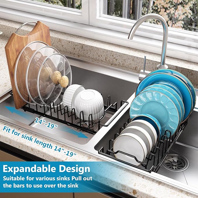 Sink Dish Drying Rack - Expandable Over Sink (15"-20" Fit), Diatomaceous Earth Tray for No-Drain Drying! Compact Dish Drainer for Small Kitchens, Apartments & RVs(Black)