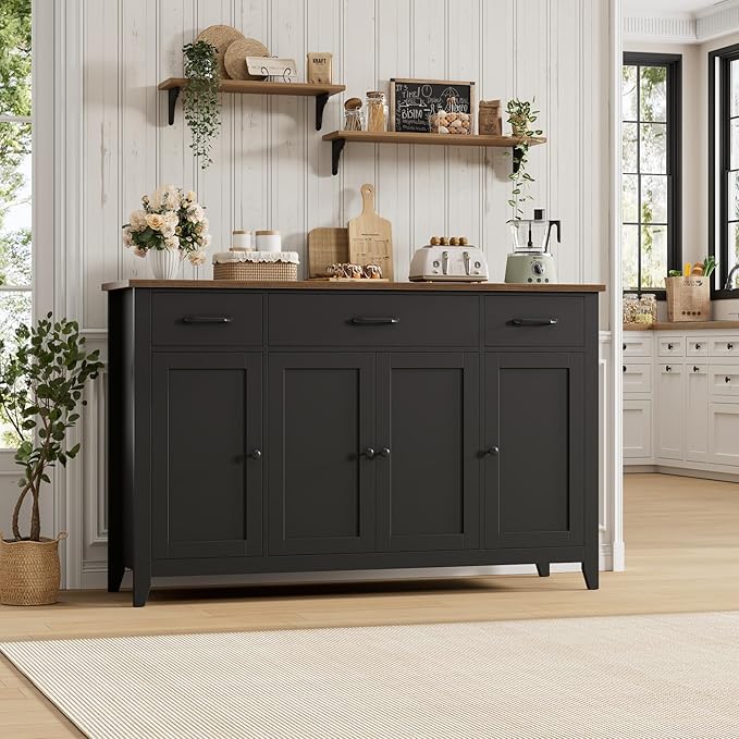 HORSTORS 55" Buffet Cabinet, Modern Farmhouse Sideboard Buffet with Drawers, Large Kitchen Storage Cabinet with Adjustable Shelves, Wood Coffee Bar for Kitchen, Dining Room, Living Room, Black