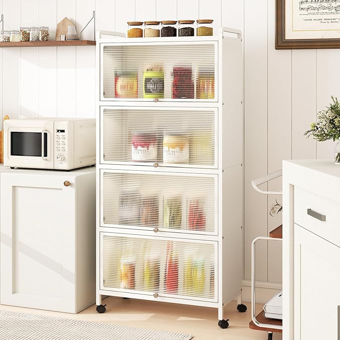 Giantex 5-Tier Kitchen Storage Cabinet, 60" H Mobile Microwave Stand with Flip-up PC Doors, Freestanding Kitchen Bakers Rack with 4 Rolling Casters, for Dining Room, Living Room and Study (White)