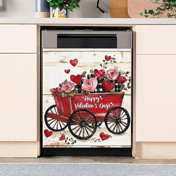 Happy Valentine's Day Dishwasher Magnet Cover,Rustic Red Wagon Floral Magnetic Dishwasher Cover Vinyl Sticker,Roses Fridge Door Cover Magnets Art Skin Panel Decal,Home Decor Decal,23"X26"