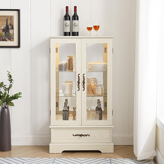 47" H Lighted Curio Cabinet Display Case, Glass Case with Adjustable Shelves,Tempered Glass Door and Drawer, Wooden Curio Cabinet with Mirrored Back Pane for Living Room (Antique White)