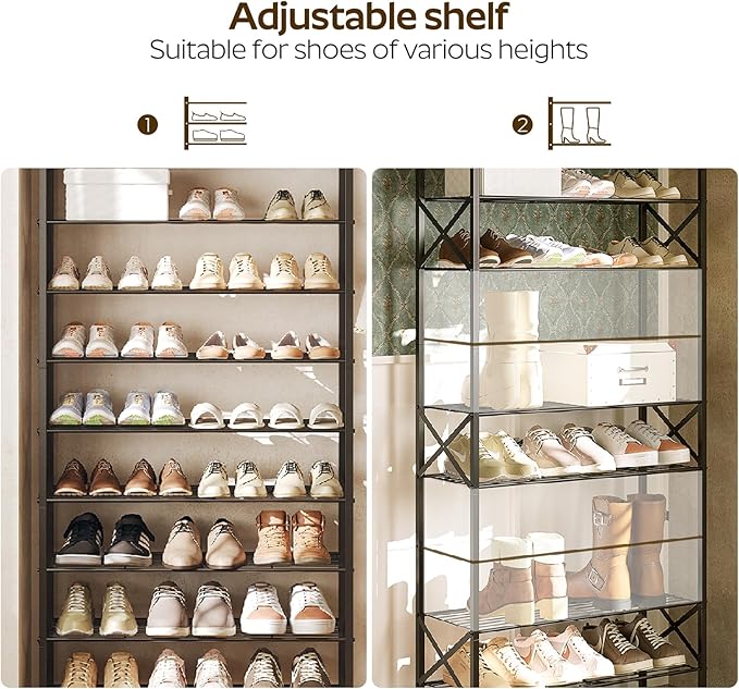 8 Tier Shoe Rack, Large Capacity Shoe Storage Organizer Holds 32 Pairs, Sturdy and Stable, for Entryway, Hallway, Closet, Dorm Room, Charcoal and Black SS08BC