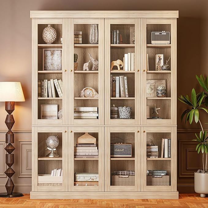 70.8" Bookshelf with Glass Doors, Farmhouse Modular Bookcase with 6-Tier Adjustable Shelves, Large Storage Cabinet for Living Room & Home Office, Set of 2, Brown