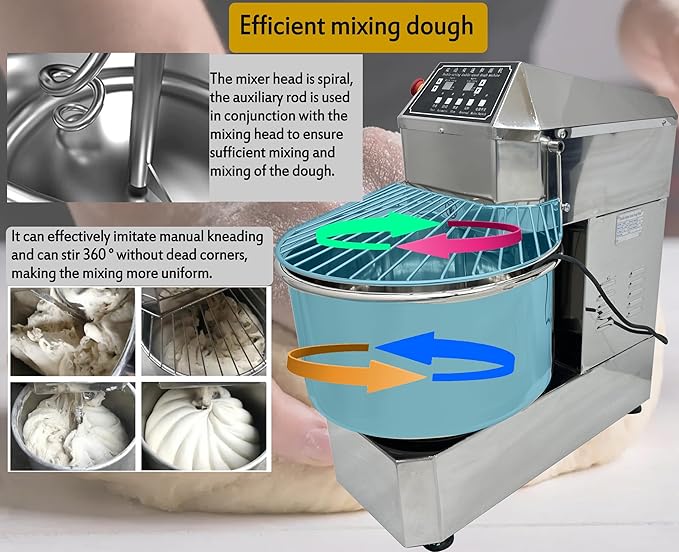 TECHTONGDA Commercial Dough Mixer Food Mixer with Time Setting, 50L Stainless Steel Stand Mixer for Bakery, Pizzerias & Kitchens, Heavy Duty Pizza & Bread Dough Mixer with Double Action, Double Speed