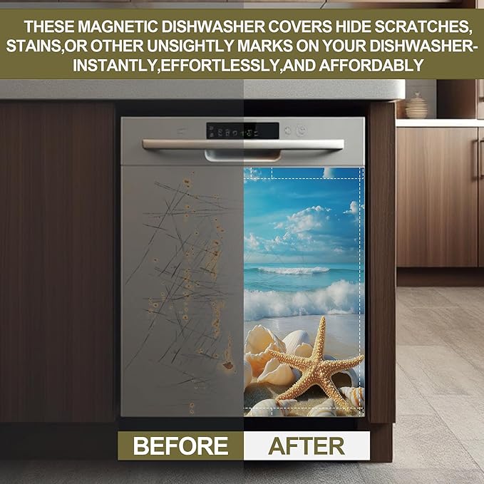 Beach Starfish Seashell Magnetic Dishwasher Cover,Ocean Sea Dishwasher Covers for The Front Magnetic Dishwasher Panel Decal Cover for Kitchen 23x26inch