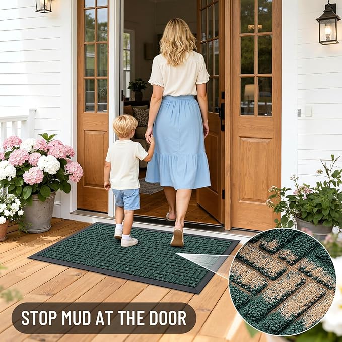 OLANLY Front Door Mat Outside Entrance 59x23, Absorbent, Heavy Duty Sturdy Natural Rubber Doormat Indoor Outdoor, Non-Slip, Stain and Fade Resistant, Low Profile Floor Mat for Entryway, Black Green