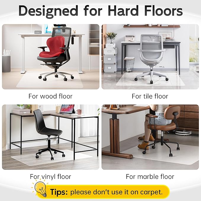 Office Chair Mat for Hardwood Floor, 1/8" Thick 53"x 45" Crystal Clear Hard Floor Chair Mat, Transparent Floor Protector Mat Flat Without Curling