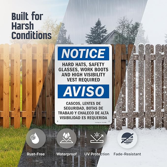 SmartSign - S-5992-AL-14 Notice - Hard Hats, Glasses, Boots, Vest Required Bilingual Sign By | 10" x 14" Aluminum