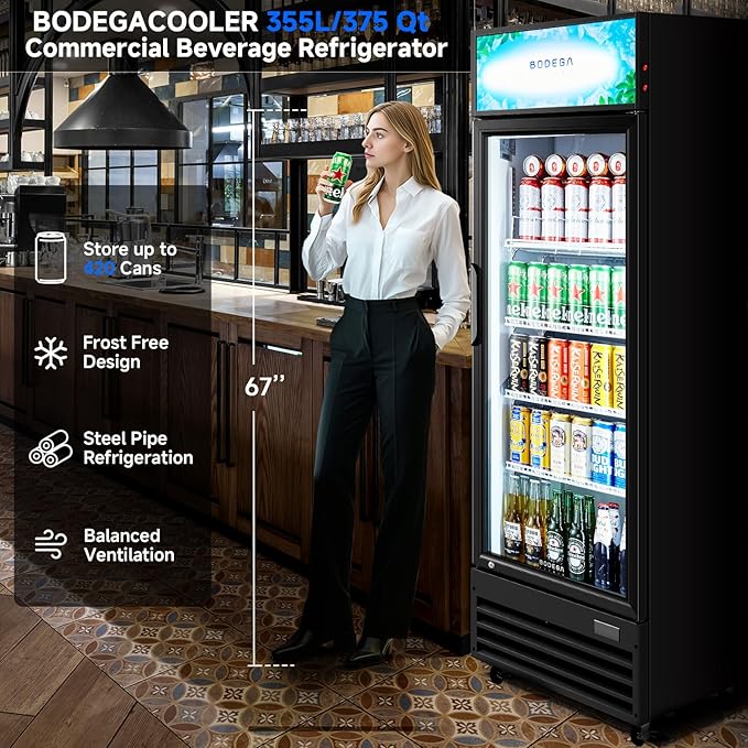 BODEGACOOLER Beverage Refrigerator, 355L/375 Qt Commercial Refrigerator For Kitchen, Home,Office and Garage, 420 Cans & 160 Bottles Display Refrigerator For Beer,Soda, Bar Cooler with Soft LED Light.