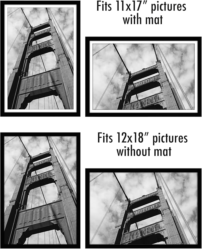 Americanflat 12x18 Poster Frame with Polished Plexiglass - Set of 5 - Use as 11x17 Frame with Mat or Display 12x18 Photo Without Mat - Galleria Collection - Picture Frames for Wall Display - Black