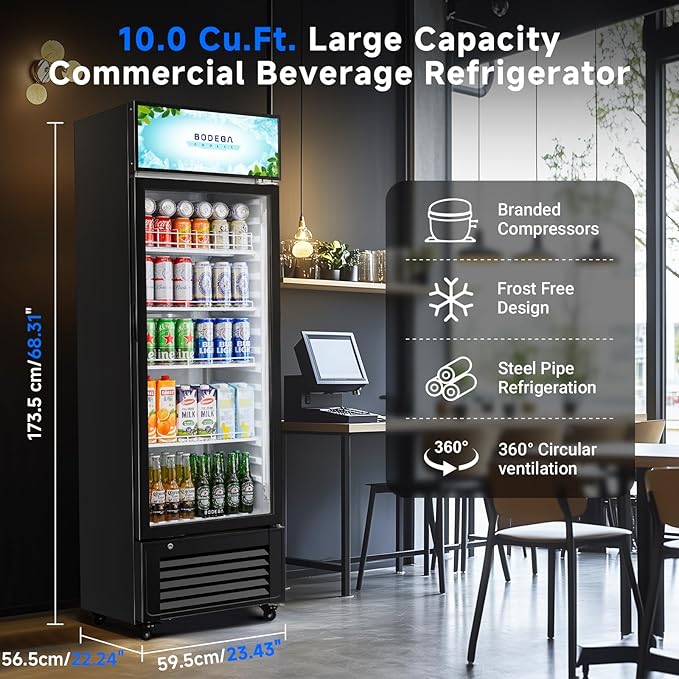 BODEGACOOLER Beverage Refrigerator and Cooler, 10.0 Cu.Ft. Commercial Refrigerator For Home & Kitchen, Office and Garage, Display Refrigerator with Adjustable Shelves and LED Light For Beer, Soda.