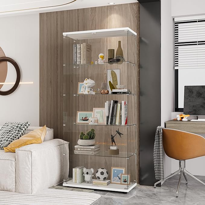 74" H 5-Shelf Glass Display Cabinet with Double Door, Modern Curio Cabinet Collection Display Case, Floor Standing Bookshelf Glass Case with Lock for Living Room,Home Office (White)
