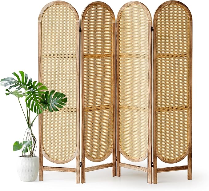 Room Divider and Folding Privacy Screen 5.6 Ft Rattan Room Divider with Double Hinges, Foldable Wood Partition Screen, Freestanding Wall Divider for Room Separation Home - 4 Panel Natural