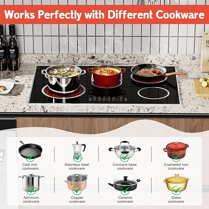 30 Inch Electric Cooktop, 5 Burner Electric Stove Top Touch Control, 8400W Built-in Ceramic Stovetop Burner 30" with Expandable Zone, Child Lock, Timer, Overheat Alert, 220-240v Hardwired