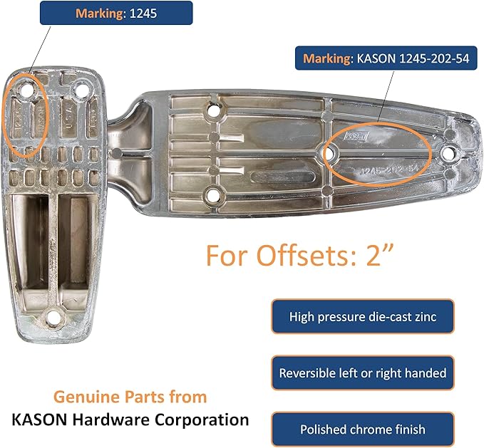 Kason 1245 Reversible Cam-Rise Hinge Chrome Finish for Freezer/Cooler/Refrigerator, 1245-202-54 (2" Offset)
