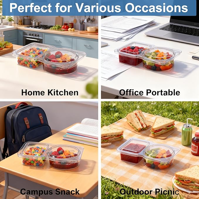 Reusable Snack Containers & Snack Pack Containers – 2 Compartment Meal Prep Containers with Lids, Double Condiment Containers, Portable Snackle Box (10 Set)