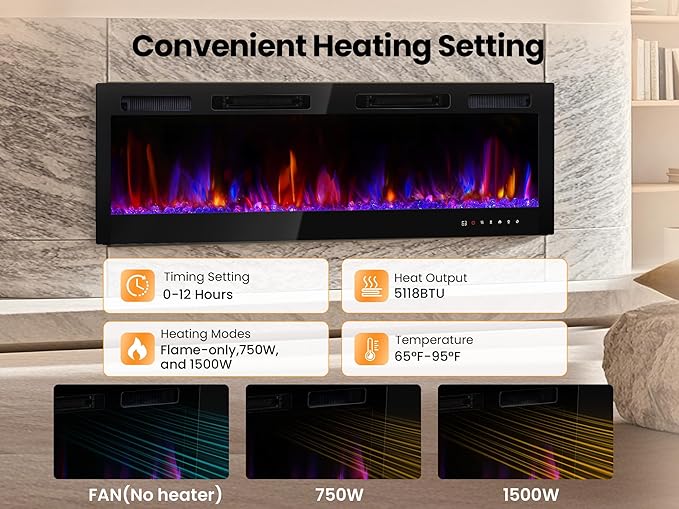 RealSmart Electric Fireplace Heater Inserts 60" Wall Mounted Electric Fireplace 750W/1500W in-Wall Recessed Heaters with Remote Control,Fit for 2 X 6 stub,12 Adjustable Color Flame & Brightness,Timer