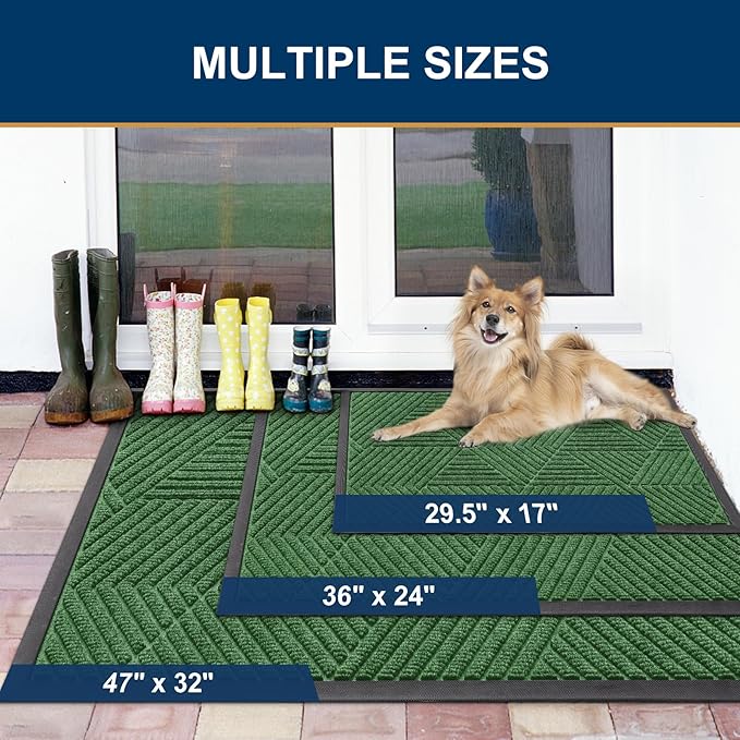 Smiry Front Door Mat Outside Entrance, Heavy Duty Sturdy Natural Rubber Doormat, Trap Dirt and Moisture, Easy Clean Low Profile Mats for Indoor Outdoor Entry, Irregular Triangle (47x32, Green)