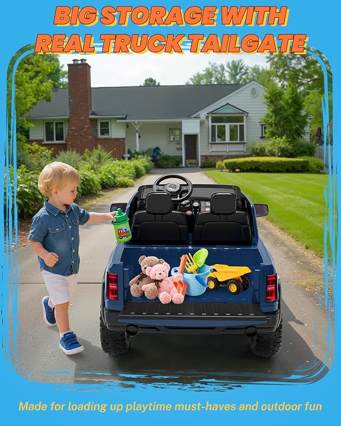 ENYOPRO 24V Ride on Toys for Kids 4-8, Licensed RAM 1500 RHO 2 Seater Kids Ride on Car w/Parent Remote, Power Pedal & Shock-Absorbing Wheels, Truck Bed Storage, Music, LED Lights (Blue - High Door)