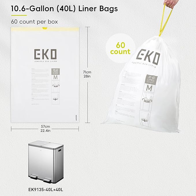 EKO 10.6 Gallon / 35–40 Liter Drawstring Trash Bags, 60 Count Heavy-Duty Tall Kitchen Garbage Can Liners, Extra-Strong Leak-Resistant, Unscented, White, Code M
