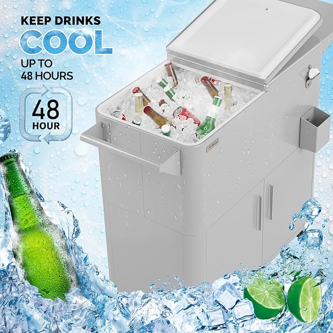 VINGLI Patio Cooler, Ice Chest with Storage Cabinet, Bottle Opener Drainage, Outdoor Cooler for Party, Deck, Pool