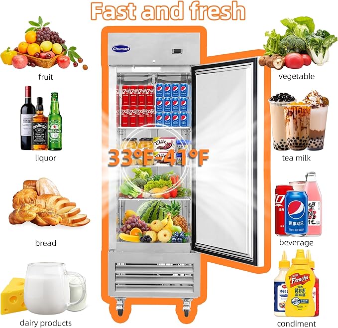 27" W Commercial Refrigerator Single Door 19 Cu.ft Commercial Fridge Fan cooling Stainless Steel Reach-in Refrigerator with Digital Thermostat for Restaurant, Bar, Commercial Use, etc