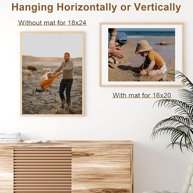 Vittanly 18x24 Picture Frame, Solid Wood Frame with Plexiglass, Includes 16x20 Mat, Wall Hanging for Photos, Home Decor, Natural, 1 Pack