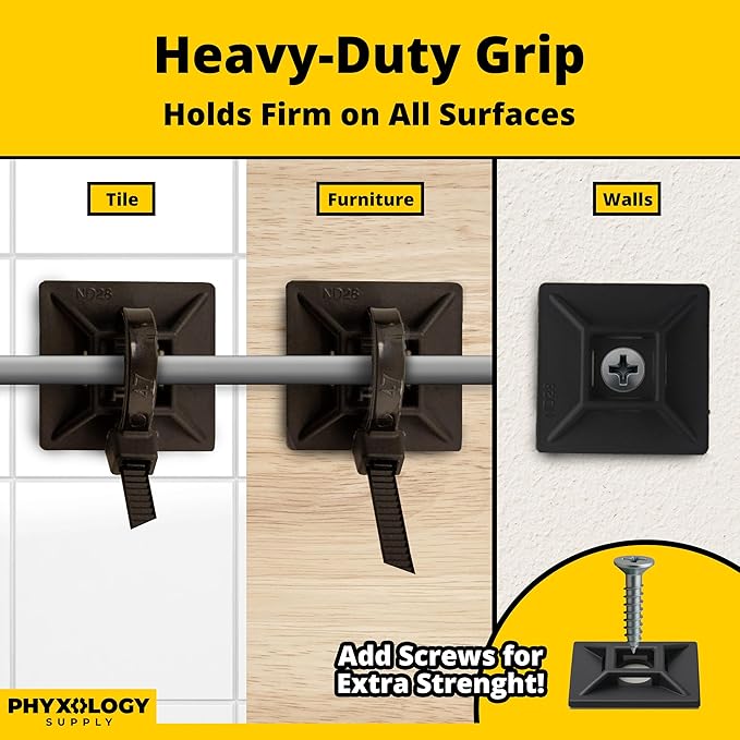 Zip Tie Adhesive-Backed Mounts 100Pk. Professional-Grade, UV Black Cable Tie Bases, 1.1 x 1.1. Screw-Hole Anchor Point Provides Optimal Strength for Long-Term Durability & Use and Clutter-Free Cables.