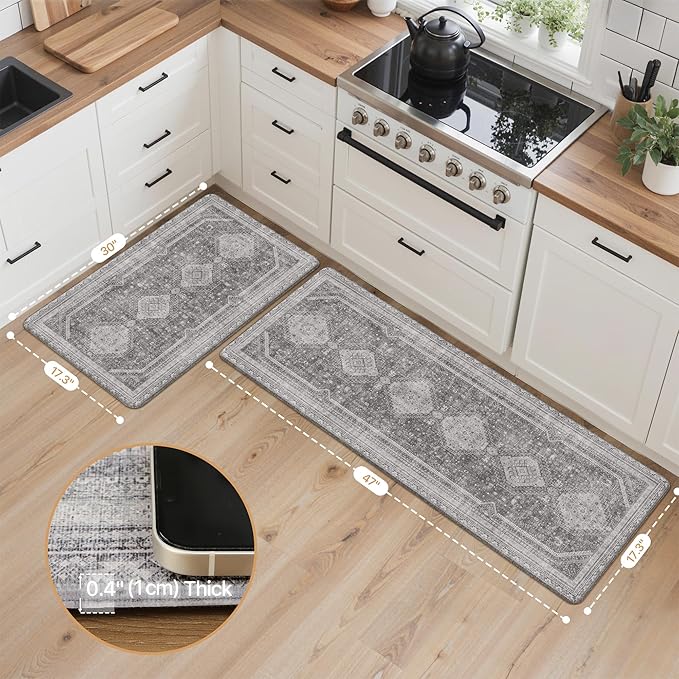 GENIMO Kitchen Mats for Floor 2PCs, Washable Anti Fatigue Mat for Cushioned, 17.3"x47"+17.3"x30", Waterproof Kitchen Rugs, Non Slip Comfort Standing Mat Rug for Home, Sink, Laundry, Ash Gray