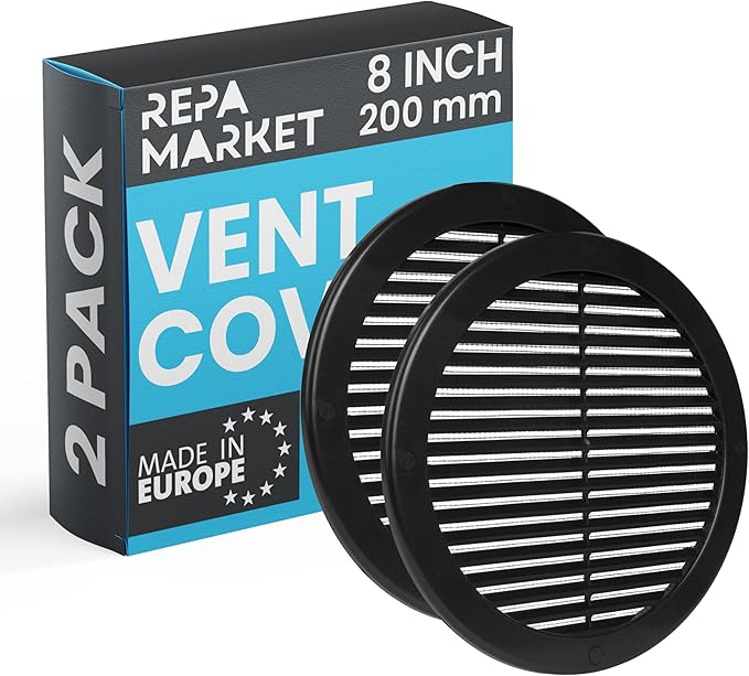 Repa Market 8 Inch (Opening) Black Round Air Vent Cover - Pack of 2 Plastic Fresh Air Intake Vent - AC Cover with Nylon Mesh Screen - Wall, Ceiling HVAC Return Air Register - Modern Soffit Vents