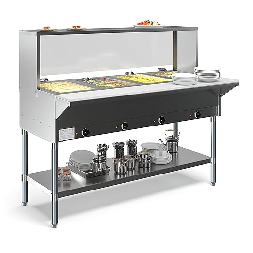 KoolMore 4-Pan Open Well Commercial Electric Stainless Steel Steam Table Food Warmer for Buffets with Sneeze Guard, Overshelf, Undershelf, Warming Control Knobs [120V] (KM-OWS-4SG), Silver