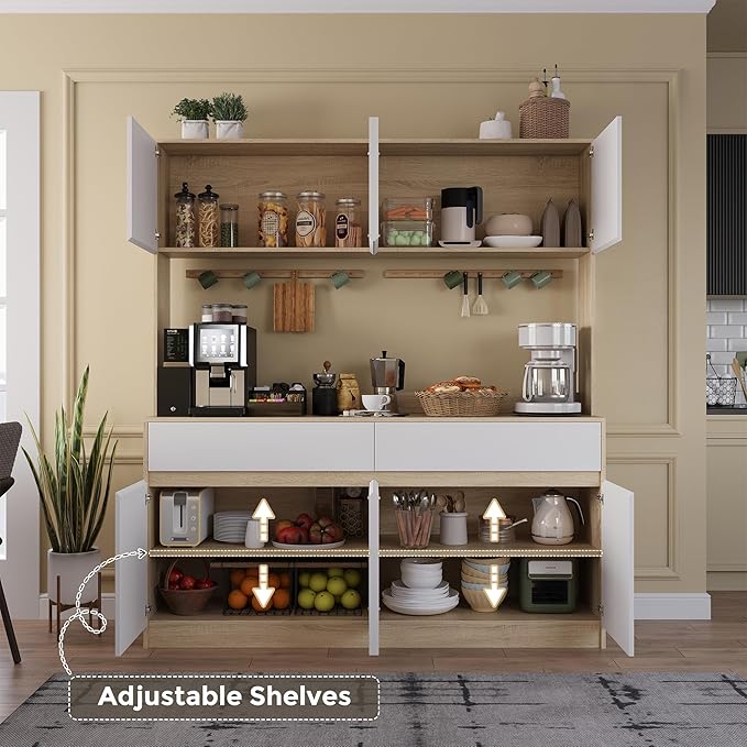 Kitchen Hutch Storage Cabinet, 63" W Large Pantry Cabinets with Microwave Oven Countertop, Freestanding Kitchen Pantry Storage Cabinet with 4 Doors, 2 Drawers and 7 Shelves, White + Walnut