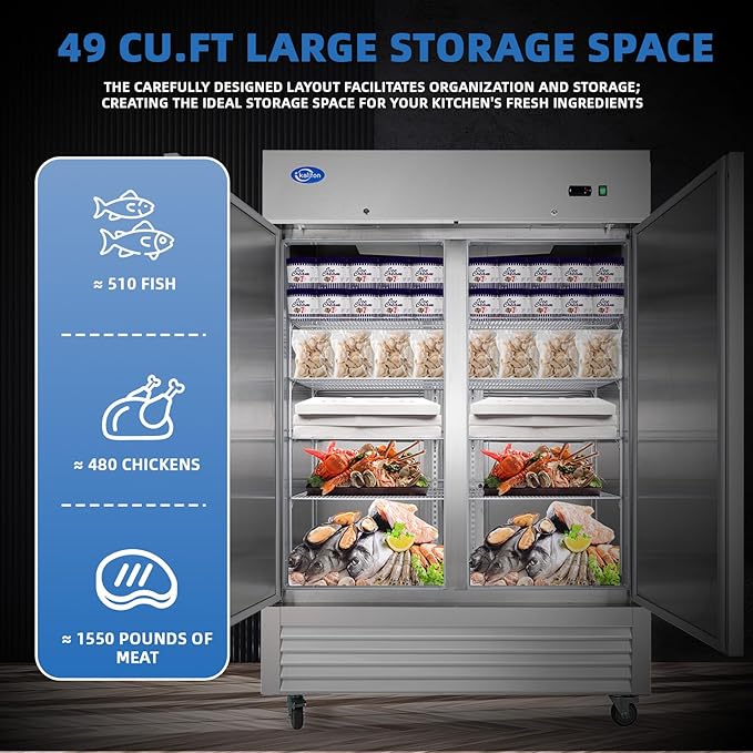 54"W 2 Door Commercial Freezer, 49 Cu.ft Stainless Steel Reach-in Upright Fan Cooling Freezer for Restaurant Bar Shop, etc