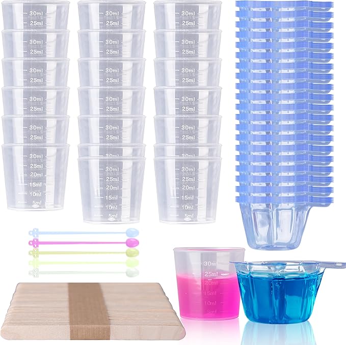LET'S RESIN Epoxy Mixing Cups Kit,200Pcs, Plastic, 30ml Disposable Measuring Cups,50 Wooden Stirring Sticks for Paint Mixing, Jewelry Making