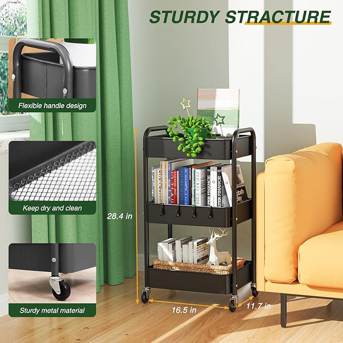LEHOM 3 Tier Rolling Storage Cart, Metal Trolley Utility Cart with Wheels & Hooks, Easy Assembly Organizer Storage Cart for Bathroom Kitchen Office Bedroom