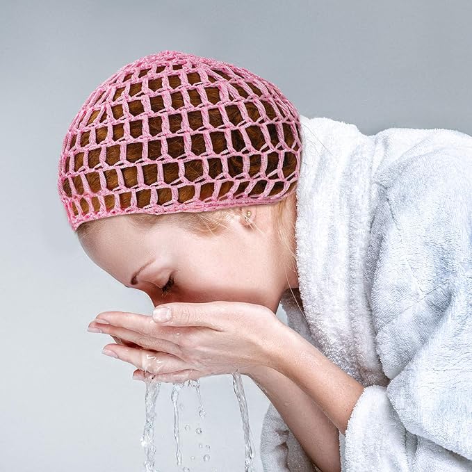 Geyoga 4 Pieces Mesh Crochet Hair Net Rayon Knit Snood Hat Thick Short Women Hairnet Snoods Cover Ornament for Sleeping (Pink)