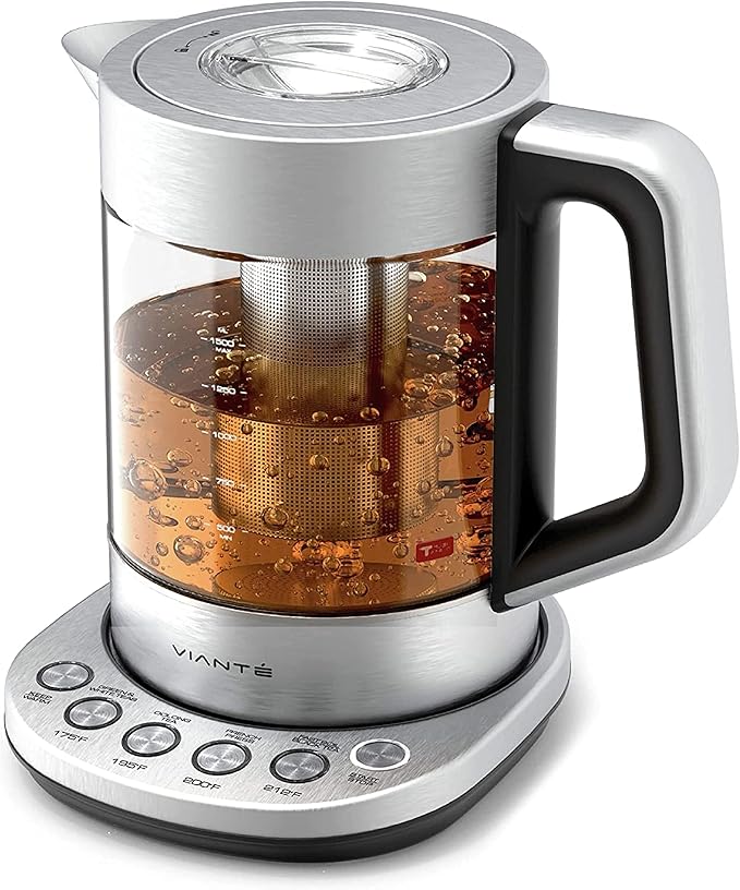 Vianté Electric Kettle With Infuser. No Plastic In Contact With Water. Hot Tea Maker With Temperature Control And Automatic Shut Off. Tea Kettle With Brewing Programs. 1.5 Liters Capacity