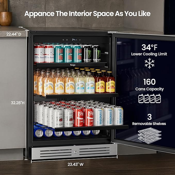 Yeego 24 Inch Beverage Refrigerator, 160-Can Beverage Cooler with Lock & Auto Defrost, Stainless Steel Indoor & Covered Outdoor Beverage Fridge, Freestanding or Under Counter for Beer, Soda & Wine