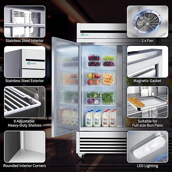 COOLCHEF 81" Commercial Refrigerator 72 Cu.Ft, Stainless Steel 3-Door Reach-in Fridge, 33–40℉, Air Cooling, LED Light, 9 Shelves, R290, ETL